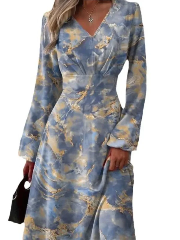 Spring Autumn New Women's Slim Fit Fashionable Printed Dress With Flared Sleeves Sexy V-neck Long Sleeved Dress For Women - Image 5