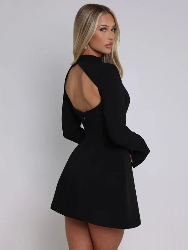 Mozision Long Sleeve Backless Sexy Mini Dress For Women Autumn Winter New O Neck High Waist A-line Club Party Sexy Dress Elegant - Image 4