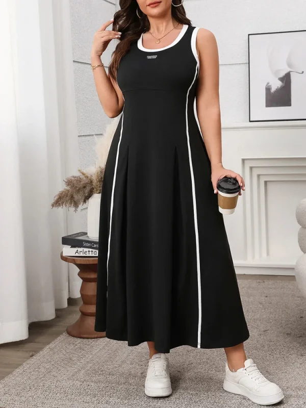 GIBSIE Plus Size Women Contrast O-Neck Sleeveless A-Line Dress 2025 New Summer Fashion Street Sundress Long Casual Maxi Dresses - Image 4