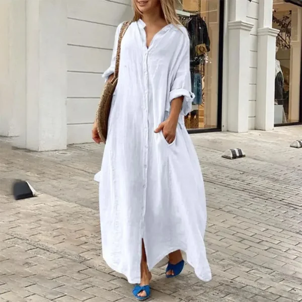 Women's L-5XL Plus Size Oversized Summer Casual Loose Pocket Flip Collar Long Dress Solid Color Casual Button Loose Oversized - Image 2