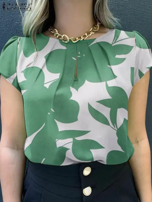 ZANZEA Summer Fashion Floral Printed Blouse Bohemian Holiday Tops Woman Elegant Short Sleeve Work Shirt Casual Pleated Blsuas - Image 2