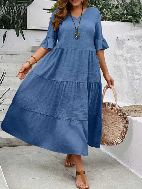 Summer Dresses for Plus Size Women Solid Color Bohemian Dress Maxi Elegant Fashion Fit and Flare Dresses Wholesale Dropshipping