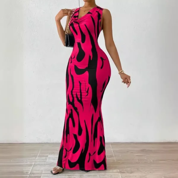 Women Print Dress Sleeveless Splice Slim Fit Long Dresses Midi Waist Wrap Hip Vestidos Elegant Office Lady Summer 2025 - Image 2