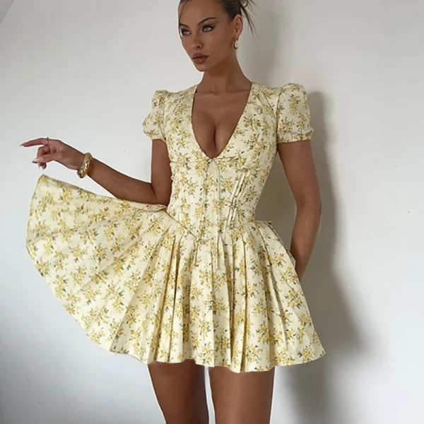 Candyhot Elegant Retro Print Y2K Casual Dress Summer Short sleeved V-neck Evening Dress High Street Club Ruffled Aesthetic Dress - Image 6