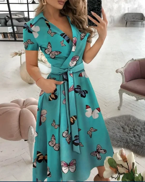 Women's New Short Sleeve Dress Spring Summer Fashion V-neck Printed Bag Hip Dress for Women Temperament Personality Wear - Image 3