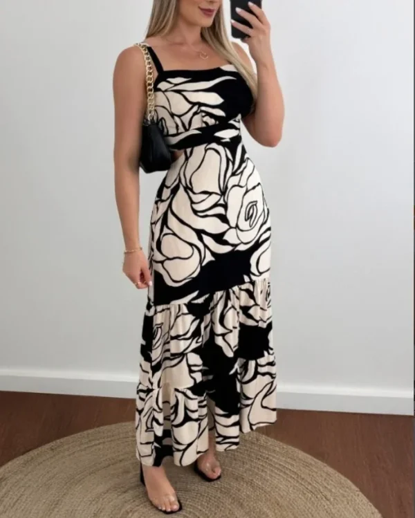 Dress printed square neck sleeveless backless hollow out flowing A-line long skirt - Image 3