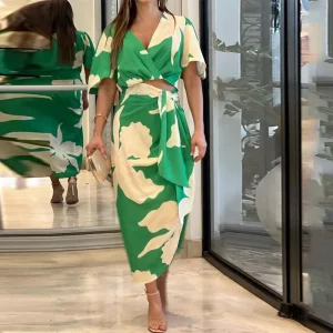Women Dress Summer Autumn New Elegant Loose Printed Loose Lace-up Irregular Dress Women Half Sleeve V-neck High Waist Sexy Dress