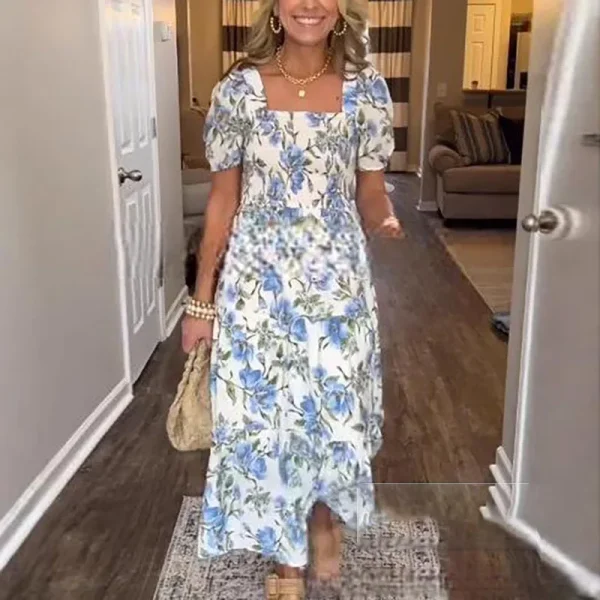 New Summer Print Puff Sleeve Long Dress Woman Beach Sweet Zipper Party Dresses Casual Square Collar Floral Bohemian Maxi Dresses - Image 3