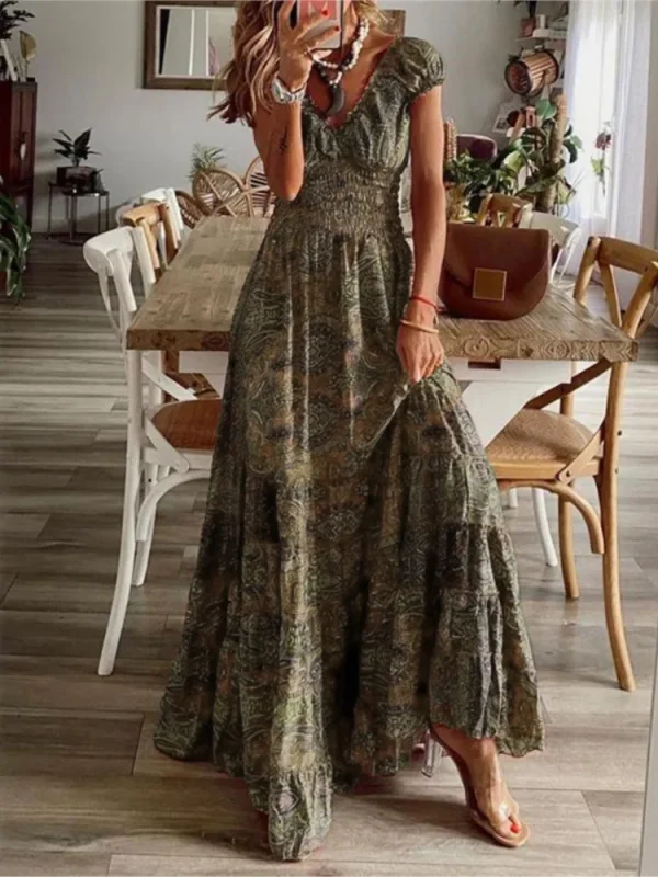 Women's Summer New Ethnic Style Printed Dress Short-sleeved Waist Dress Fashionable Floral Petal Sleeves Large Hem A-line Dress - Image 2