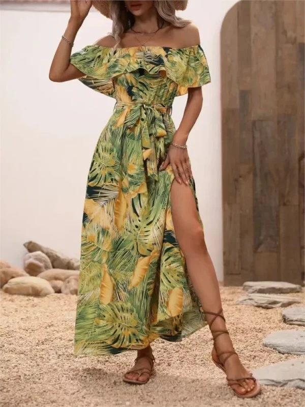Women Summer New Sexy One Line Collar Strapless Ruffle Edge Lace Up With A Split Waist Dress Fashionable Printed Ruffle Sleeves - Image 2