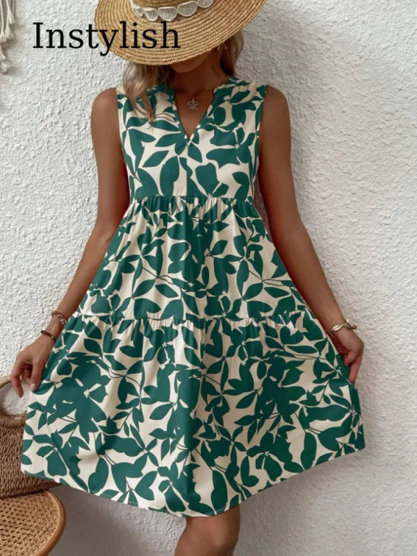 Women Boho Print Mini Dress Summer Elegant Sleeveless V Neck Ruffle A Line Tank Dress Casual Loose Oversize Beach Party Sundress - Image 4