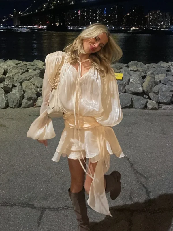 Elegant Ruched Mini Dress For Women Round Neck Lantern Long Sleeve High Waist Temperament Dresses Female Fashion 2025 CLOTHING - Image 2