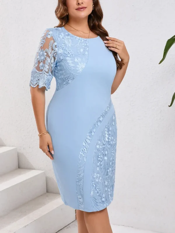 GIBSIE Plus Size Embroidered Lace Half Sleeve O-Neck Dress Women's Summer Autumn Cocktail Party Elegant Bodycon Midi Dresses - Image 3