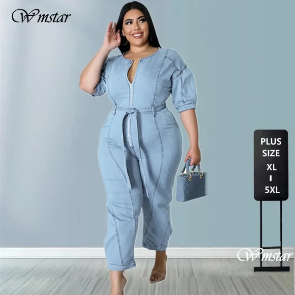 Wmstar Plus Size Jumpsuit Women Denim Zipper Up Sashes Pockets Trousers Stretch Straight Bodysuit 2022 Wholesale Dropshipping