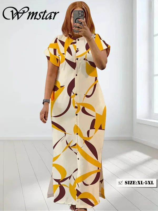 Wmstar Plus Size Dresses for Women Printed Short Sleeve Fashion Party Bodycon Stretch Button Maxi Dress Wholesale Dropshipping