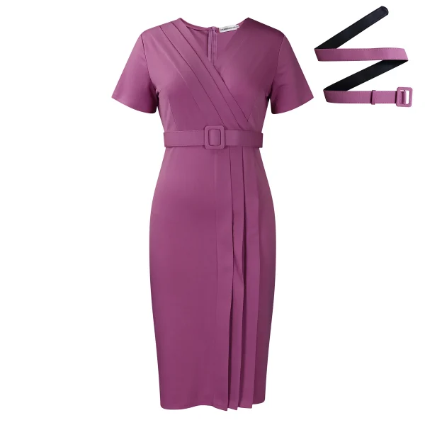 2025 Elegant Office Women's Professional Commuting Dress Short Sleeved V-Neck Waistband Solid Color Commuting Pencil Dress - Image 4