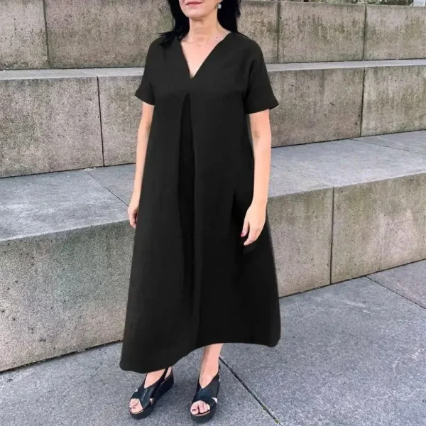 Women's L-5XL Plus Size Spring/Summer Large Size Loose Cotton and Hemp Short Sleeve Fashion Dress V-neck Solid Color Casual - Image 4