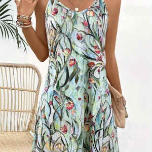 Women's Fashion Strapless Dress with Painting Flower Pattern