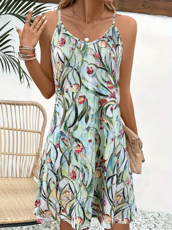 Women's Fashion Strapless Dress with Painting Flower Pattern