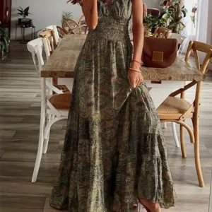 Women's Summer Bohemian Style 2025 New Dress With A Waistband Fashionable Floral Print Petal Sleeves Large Hem A-line Dress