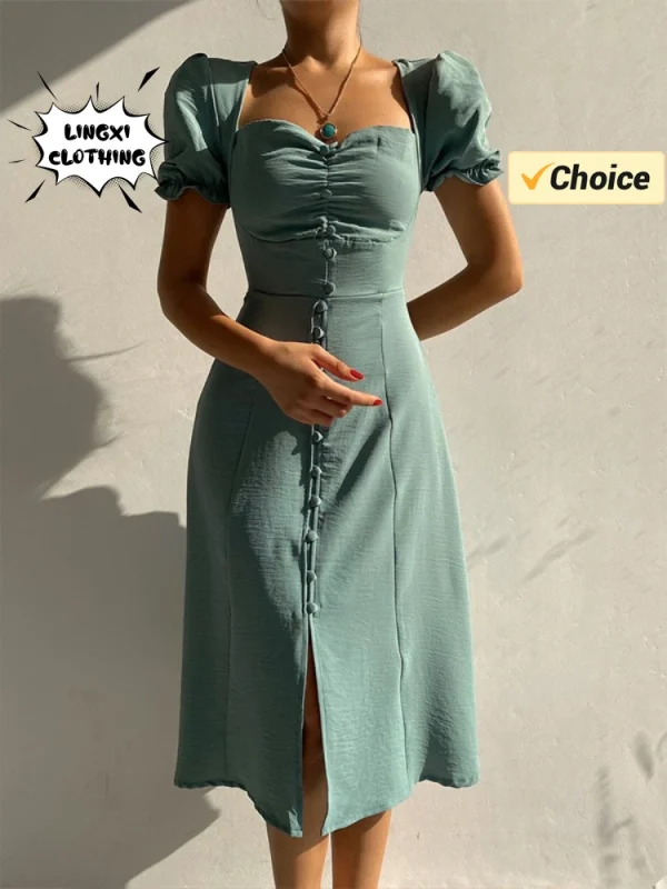 2025 Summer Fashion Summer Skirt Holiday Style Sexy Women's Dress V-neck Single Breasted Shrugged Mid Length Dress - Image 3