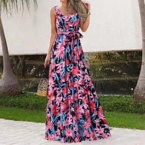 Spring/Summer Women's L-5XL Plus Size Elegant Square Neck Sleeveless Printed Long Dress Fashion Leisure Beach Vacation Belt Long