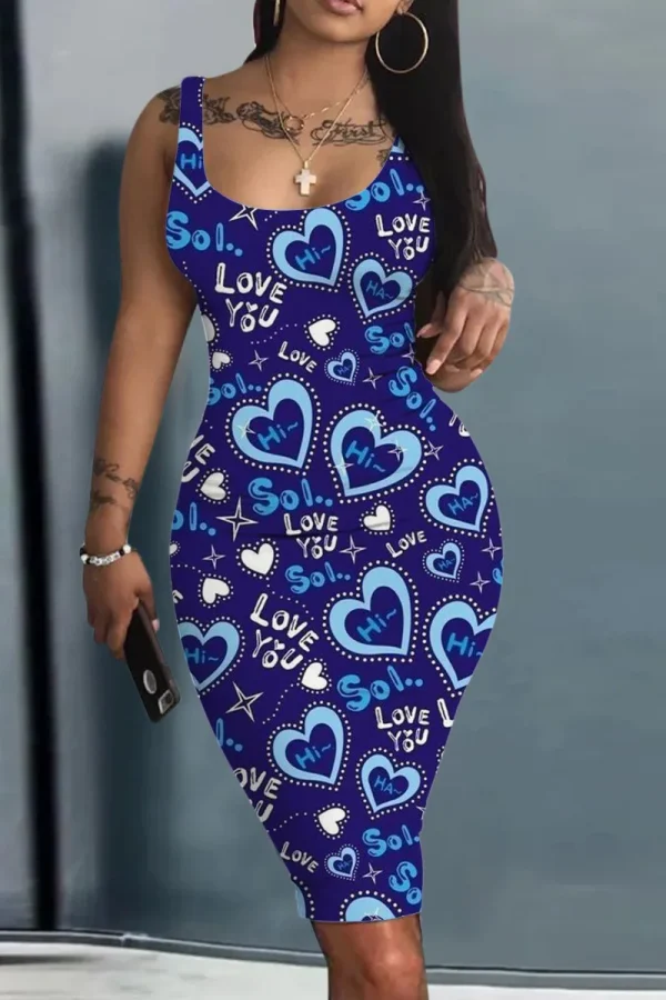 Платье Женское Plus Size Summer Women's Dress Large Size Contrast Heart Print U-Neck Sleeveless Casual Bodycon Mini Dresses - Image 5