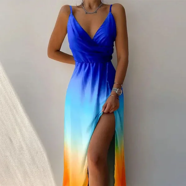 Summer Women's Long Slit Dress V-neck Suspender Slit Printed Dress Sexy Backless Dress Summer New Style - Image 3