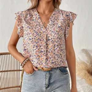 Women's V-neck small floral Summer Breathable Top Lace sleeve chiffon Commuter Noble women's shirt Fashion hipster elegant new s
