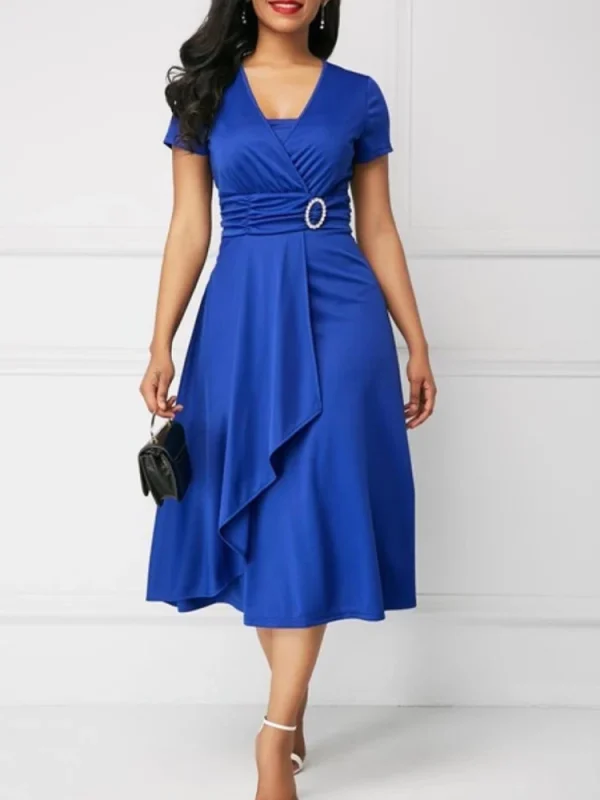 Summer Dresses Elegant Women Solid Color Short Sleeve V Neck Asymmetric Hem Waist Tight Midi Party Dress Ladies Evening Vestidos - Image 2