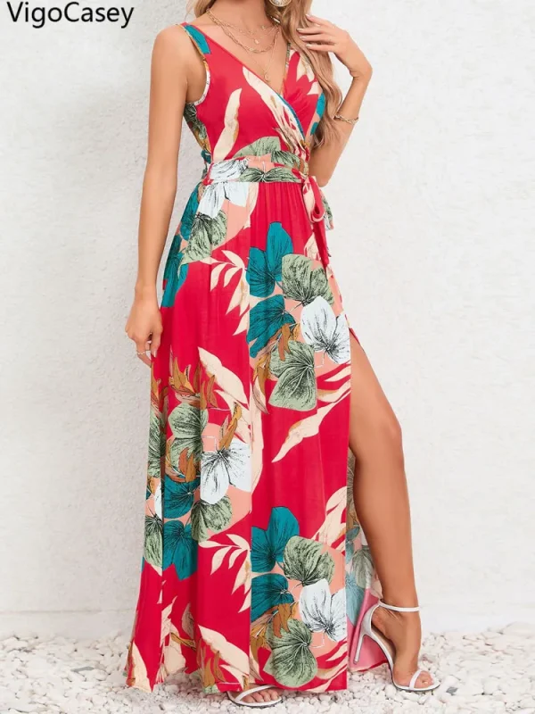 VigoCasey 2025 Summer Female Casual Long Bodycon Dress Women V Neck Strap Dress Lady Print Sleeveless Backless Tight Dresses - Image 2