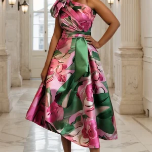 Women Plus Size Flroal Printed Dress One Shoulder Irregular Hem Pleated A-Line Vintage Casual Elegant Summer Midi Dresses 2025