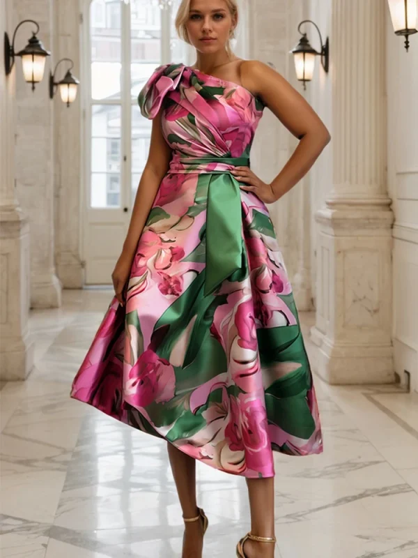 Women Plus Size Flroal Printed Dress One Shoulder Irregular Hem Pleated A-Line Vintage Casual Elegant Summer Midi Dresses 2025