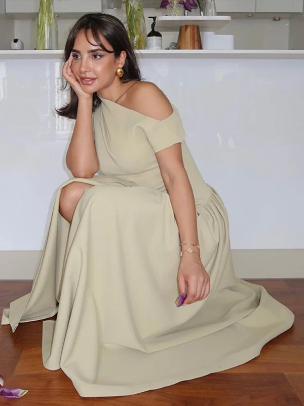 2025 Summer Women's Dress Sexy Inclined Shoulder Sexy Front Slit Ruched Vestido Longo Female Solid Slim Party Clubwear Dresses - Image 3