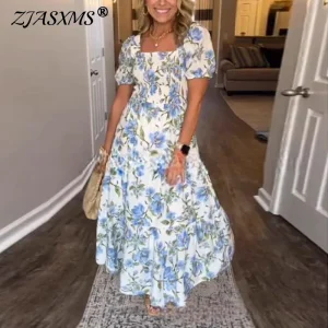 New Summer Print Puff Sleeve Long Dress Woman Beach Sweet Zipper Party Dresses Casual Square Collar Floral Bohemian Maxi Dresses