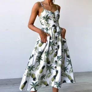 Boho Sexy Floral Dress Summer Vintage Casual Sundress Female Beach Dress Midi Button Backless Polka Dot Striped Women Dress 2025