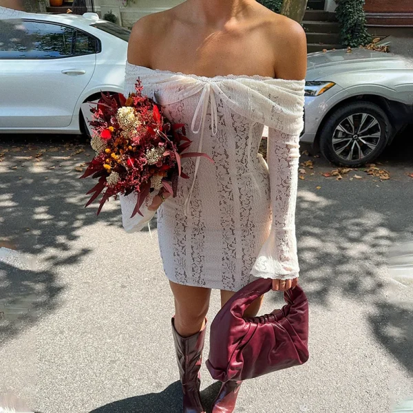 Oligai Lace Slim Mini Dress for Women Off The Shoulder Sexy Long Sleeves Club Party Dresses Bodycon Elegant Autumn Dress - Image 4