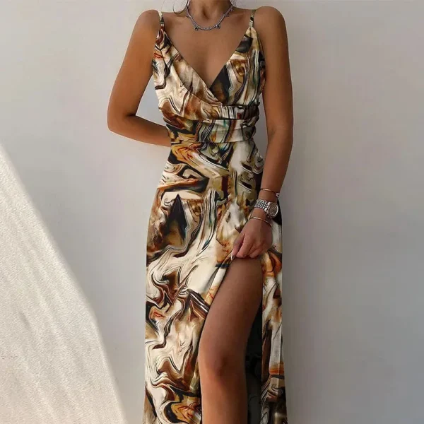 Summer Women's Long Slit Dress V-neck Suspender Slit Printed Dress Sexy Backless Dress Summer New Style - Image 6