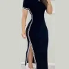 Women Sport Solid Dress Short Sleeved Round Neck Side Split Long Dresses Slim Fit High Waist Casual Ladies 2023 Autumn - Image 6