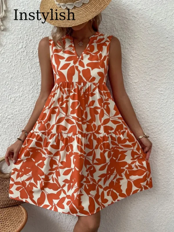 Women Boho Print Mini Dress Summer Elegant Sleeveless V Neck Ruffle A Line Tank Dress Casual Loose Oversize Beach Party Sundress - Image 2