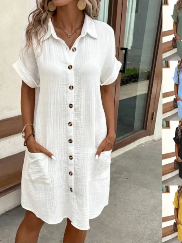 2025 Summer Women's New Fashionable Simple Sexy V-neck Button Single Breasted Short Sleeve With Pocket Dress Women's Wear - Image 6