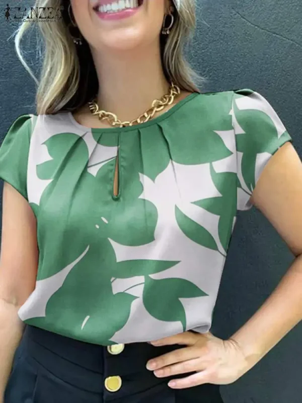 ZANZEA Summer Fashion Floral Printed Blouse Bohemian Holiday Tops Woman Elegant Short Sleeve Work Shirt Casual Pleated Blsuas - Image 5