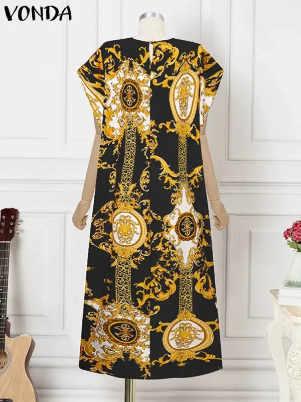 VONDA Plus Size 5XL Fashion 2025 Elegant Satin Dress Maxi Long Dress Sexy Printed Patchwork Bat-wing Sleeve Vestidos Ruffle Robe - Image 5