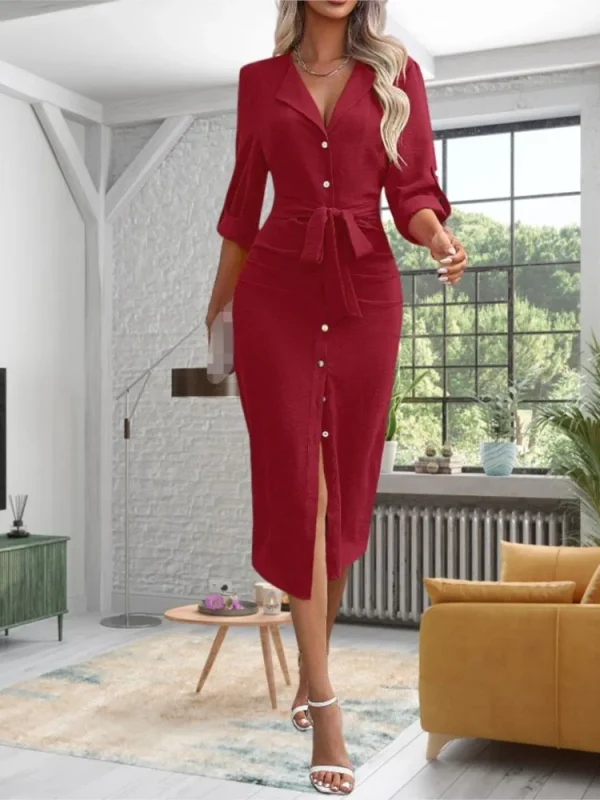 2025 Women's New Autumn Solid Color Lapel Waist Cinching Lace Up Temperament Sexy Slit Single Breasted Dress For Women - Image 4