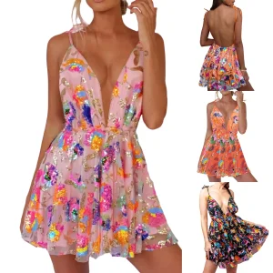 Sequin Sexy Dress Women Spaghetti Strap Low Cut Backless Dress Summer Bohemian Sundress Vestidos Elegant Party Dresses платье