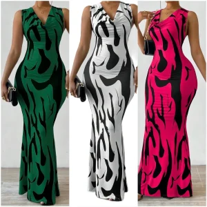 Women Print Dress Sleeveless Splice Slim Fit Long Dresses Midi Waist Wrap Hip Vestidos Elegant Office Lady Summer 2025