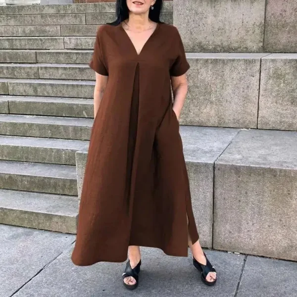 Women's L-5XL Plus Size Spring/Summer Large Size Loose Cotton and Hemp Short Sleeve Fashion Dress V-neck Solid Color Casual - Image 5