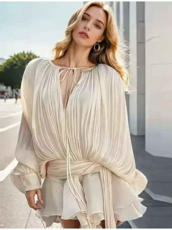 Elegant Ruched Mini Dress For Women Round Neck Lantern Long Sleeve High Waist Temperament Dresses Female Fashion 2025 CLOTHING - Image 5