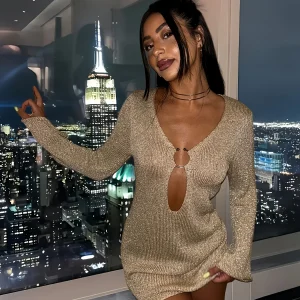Sexy V Neck Flared Sleeve Slim Knitted Mini Dress 2025 Autumn / Winter Women's Elegant Long Sleeve Vacation Short Dresses A2917