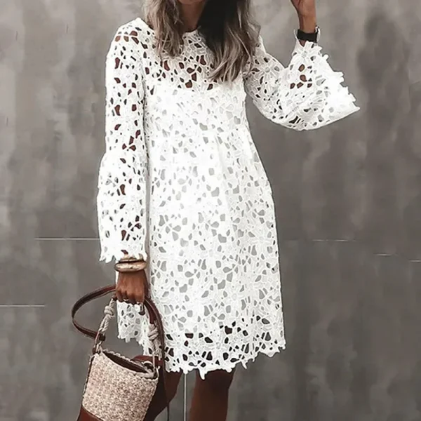 Lace Dress Sling Two Piece Suit Women Autumn Sexy Hollow Out Mini Dresses Female Vintage Elegant Puff Sleeve Short Vestidos - Image 3